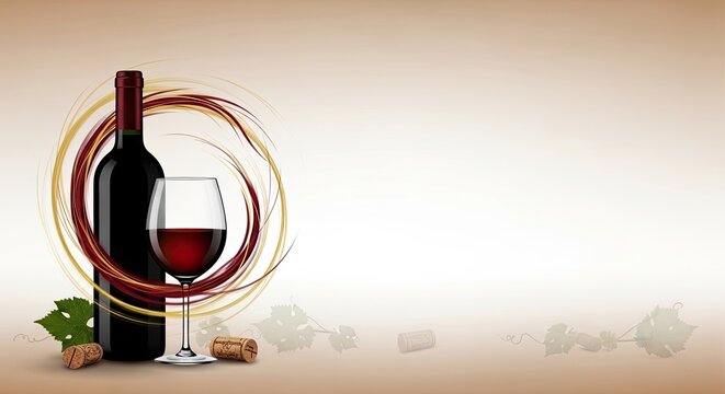 A wine bottle and glass with swirling red wine on a beige background.