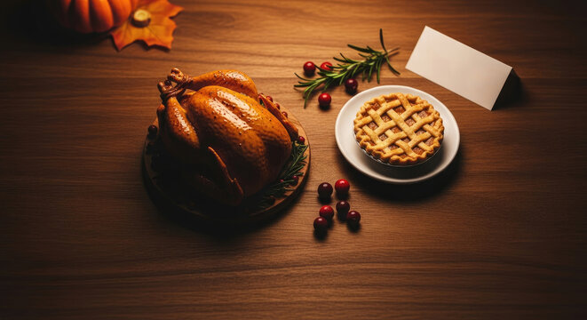 A roasted turkey with a lattice-topped pie and cranberries on a wooden table with a pumpkin and autumn leaves in the background. - Powered by Adobe