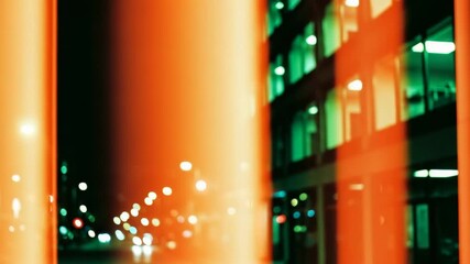 Dynamic urban cityscape at night with abstract motion blur and light leak effects. Creative panoramic background with distorted architecture and vibrant orange and green bokeh - Powered by Adobe