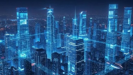 Aerial View of Futuristic Cityscape at Night with Glowing Data Streams - Powered by Adobe
