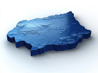 blue 3d topographic landmass with rugged terrain and extruded vertical edges isolated on white background, textured relief and calm modern scientific mood