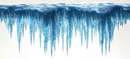 row of icy blue icicles hanging from a thick snowy ledge, sharp frosty stalactites conveying piercing cold and silent winter stillness
