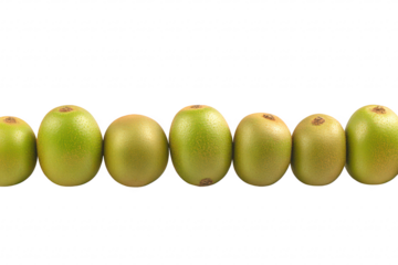 A close-up view of a series of green kiwi fruits arranged in a straight line. their smooth skin and natural variations in color and texture against a clean white background