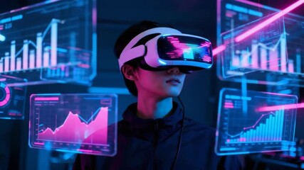 Person wearing vr headset immersed in digital financial data charts - Powered by Adobe