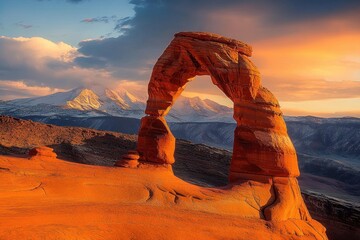 Natural sandstone arch bathed in golden sunset light with snow-capped mountains and dramatic clouds, a serene and majestic desert vista