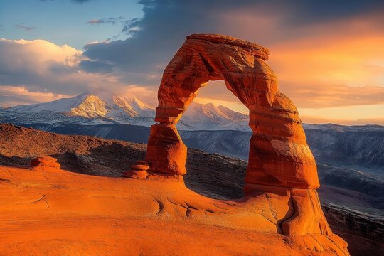 Natural sandstone arch bathed in golden sunset light with snow-capped mountains and dramatic clouds, a serene and majestic desert vista - Powered by Adobe