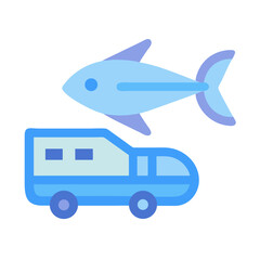 Stylized cartoon fish riding on a blue automobile