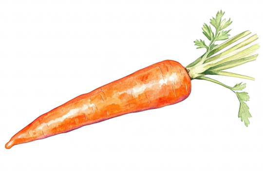 A vibrant. freshly harvested orange carrot with green leafy tops. resting on a clean white background. ideal for culinary themes. nutrition guides. or gardening resources