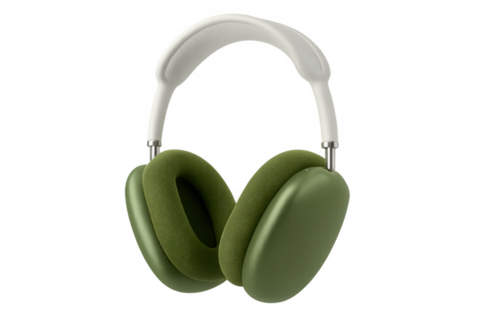 Green wireless over-ear headphones, modern audio gadget for listening to music, podcast, sound, transparent background