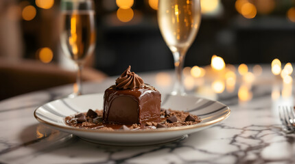 Indulge in decadent chocolate dessert with champagne for a romantic evening, perfect for celebrations, anniversaries, or sweet culinary delights