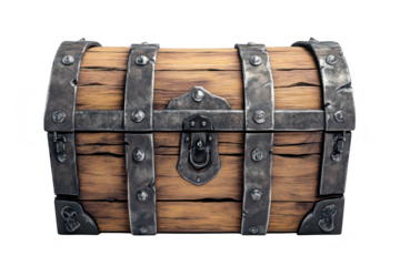 A beautifully crafted wooden treasure chest with metal accents. resting on a clean white background. perfect for in fantasy-themed designs or adventure-related content