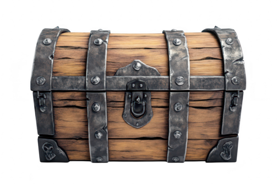A beautifully crafted wooden treasure chest with metal accents. resting on a clean white background. perfect for in fantasy-themed designs or adventure-related content