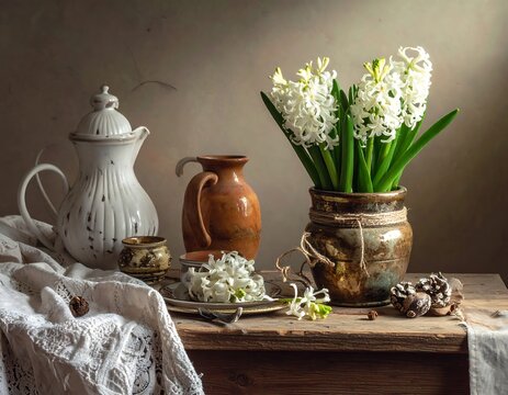 A classic still life scene with white hyacinths in a rustic vase and a vintage ceramic pitcher on a wooden table