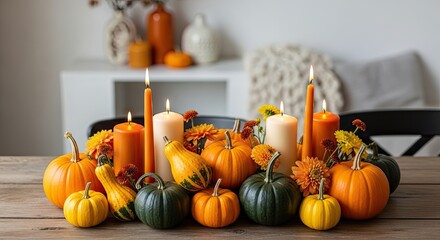 A festive autumn centerpiece with pumpkins, candles, and flowers on a wooden table.