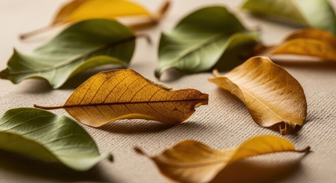 Several fallen leaves display varying stages of color change resting upon a textured surface - Powered by Adobe