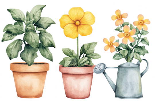 A watercolor illustration featuring three distinct potted plants. including a leafy green plant. a bright yellow flower. and a cluster of orange blossoms beside a watering can. set against a clean whi