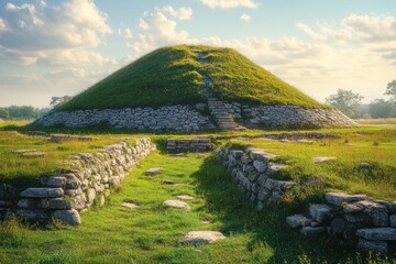 Grassy ancient burial mound with stone base and central steps, stone-lined pathway and low ruined walls across a sunlit green meadow under a calm cloudy sky, peaceful and timeless