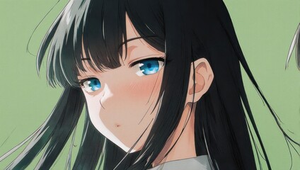 Anime girl with black hair and blue eyes, looking at the viewer.