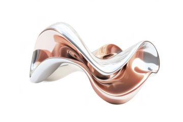 A sleek. abstract sculpture featuring smooth curves and reflective surfaces. blending metallic tones of silver and rose gold. set against a minimalist white background. ideal for modern art displays