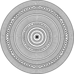 Intricate black vector mandala pattern with geometric concentric circles and radiating lines on dark background