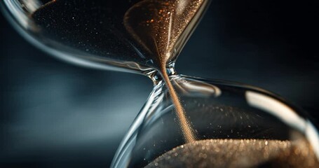 Close-up of golden sand flowing gracefully through a vintage hourglass, vividly capturing the serene yet powerful essence of time's relentless passage and fleeting moments - Powered by Adobe