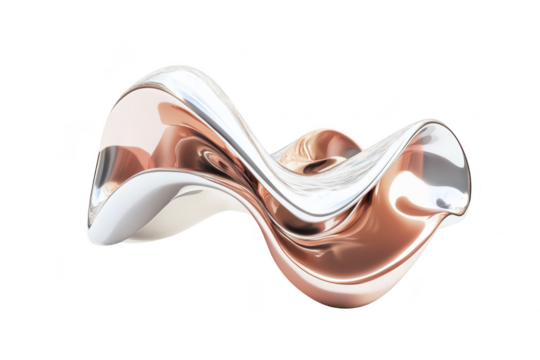 A sleek. abstract sculpture featuring smooth curves and reflective surfaces. blending metallic tones of silver and rose gold. set against a minimalist white background. ideal for modern art displays - Powered by Adobe