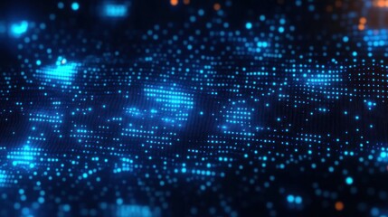 Glowing blue pixel grid of floating data points on a dark surface with scattered orange highlights, creating a futuristic, mysterious digital landscape