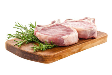 Fresh pork chops resting on a wooden cutting board with rosemary. a clean and modern kitchen setting. ideal for culinary blogs or recipe books