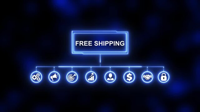 Free Shipping, Hologram Futuristic Interface, Augmented Virtual Reality. Animated icons of quality, management, standard, assurance, business, certification and service on transparent background