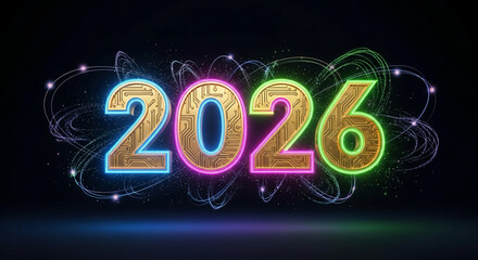 A dazzling 3D render of the year 2026 is displayed in golden, circuit-board textured numbers with bright, glowing neon outlines and swirling futuristic light trails on a dark background.