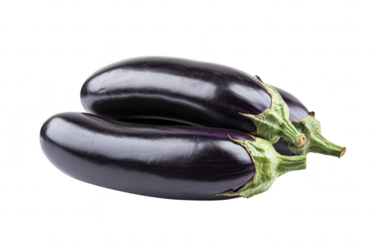Two fresh. glossy eggplants resting side by side on a clean white background. their rich purple color and smooth texture. ideal for culinary or agricultural stock photography