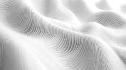 Soft white undulating layered waves with fine parallel ridges and flowing sculptural contours, minimal and serene abstract landscape evoking calm