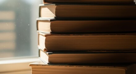 Stack of old, closed books illuminated by soft daylight near a window