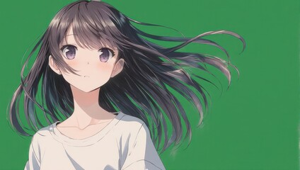 Anime girl with dark hair and white shirt on green background.