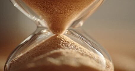 Precise low-angle macro shot of golden sand trickling through the narrow neck of a classic glass hourglass, symbolizing the relentless passage of time - Powered by Adobe
