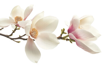 Obraz premium Close-up view of delicate magnolia flowers in full bloom. their soft white and pink petals against a clean white background. ideal for nature-themed designs and floral arrangements