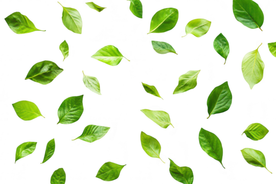 A composition of various green leaves scattered artistically on a clean white background. ideal for nature-themed projects. environmental awareness campaigns. or botanical studies - Powered by Adobe