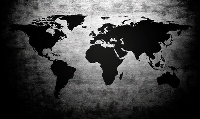 silhouetted world map painted on rough concrete wall with dark vignette, moody dramatic global concept
