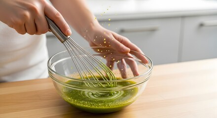 Person whisking green dressing in a glass bowl on a wooden kitchen counter.