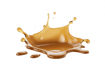 A dynamic splash of caramel-colored liquid gracefully arcs and splatters against a pristine white backdrop. capturing the essence of movement and fluidity. ideal for culinary or creative projects