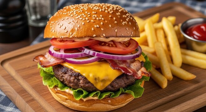 A delicious cheeseburger with bacon, lettuce, tomato, and onion on a sesame seed bun, served with a side of fries.