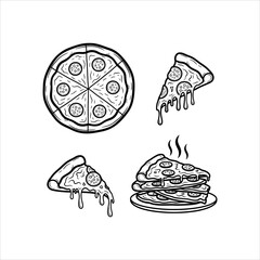 Black and white line art illustration of a whole pizza sliced into six pieces and three individual pizza slices, one stacked on a plate.