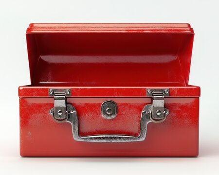 red metal toolbox with open lid, silver handle and latches on white background, worn scuffed finish conveying readiness and nostalgic practical charm
