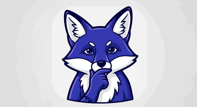 Contemplative Blue Fox Cartoon Character with Finger on Chin.