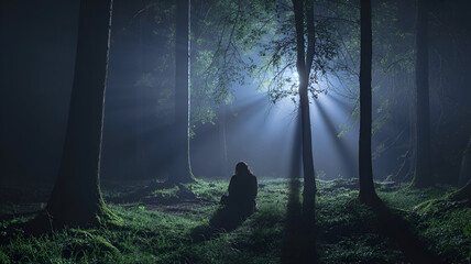 Solitary person in mystical foggy forest with ethereal light
