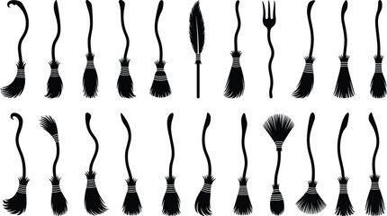 Halloween witch broomstick silhouette collection, magic flying besom black icons set, spooky sorcery tools vector illustration, fantasy wizard accessories design elements.