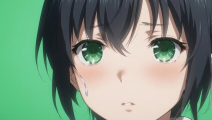 Anime Girl with Green Eyes and Blushing Cheeks Close-Up.