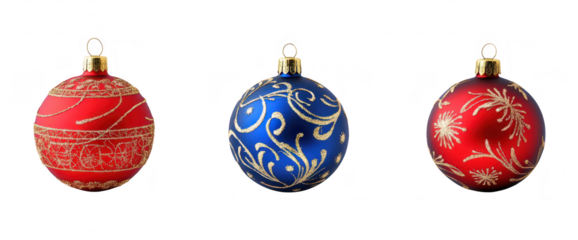 A trio of beautifully designed Christmas ornaments in red and blue. featuring intricate gold patterns. displayed against a clean white background. perfect for holiday decoration themes