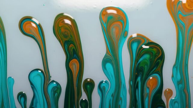 Abstract fluid art background with dynamic mixing paint. Vibrant turquoise, green, and orange ink creates a beautiful marbled texture for a creative panoramic web banner or wallpaper