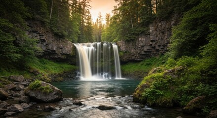 Serene waterfall cascades into a calm pool surrounded by lush greenery